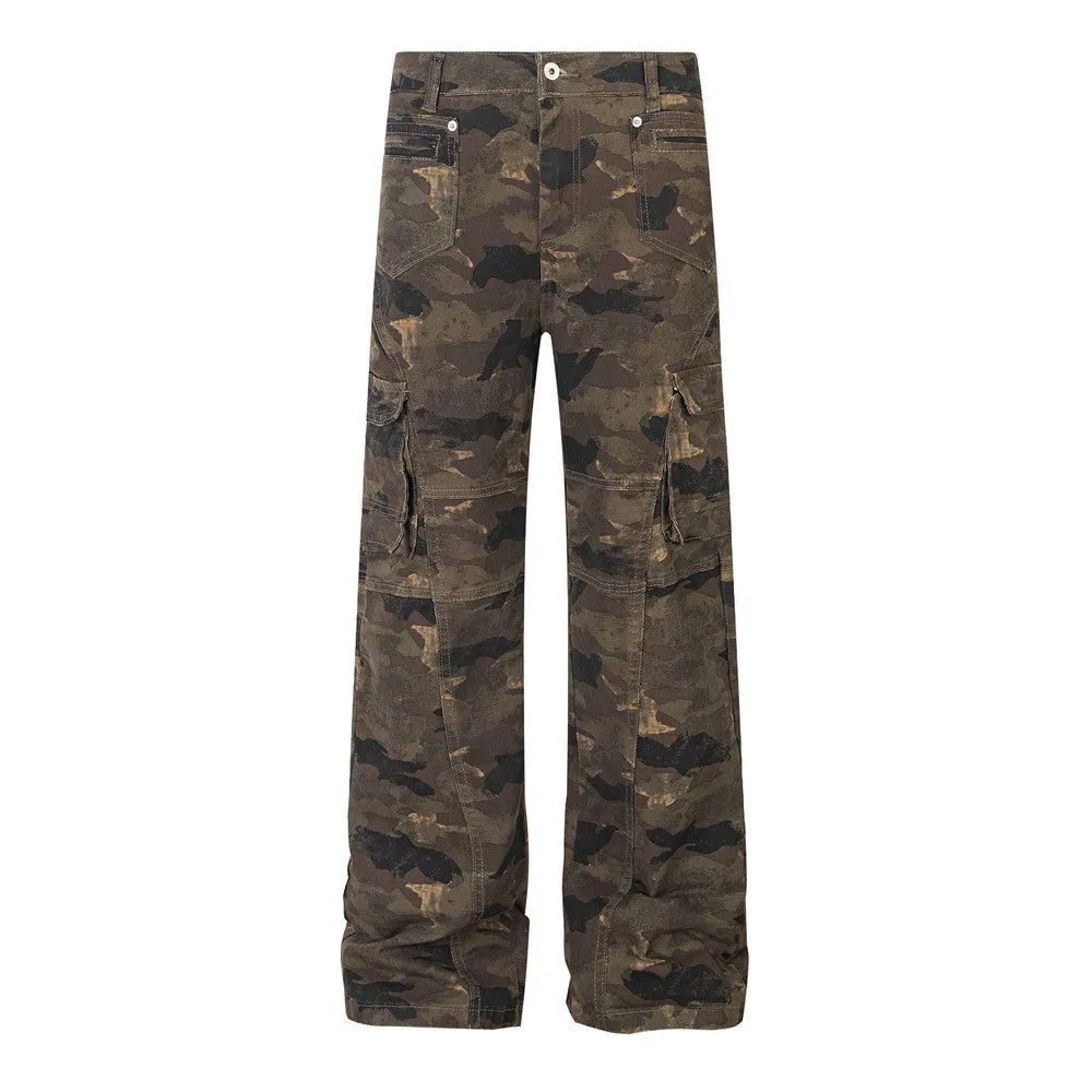 Men's camouflage denim trousers mid-waist casual work pants