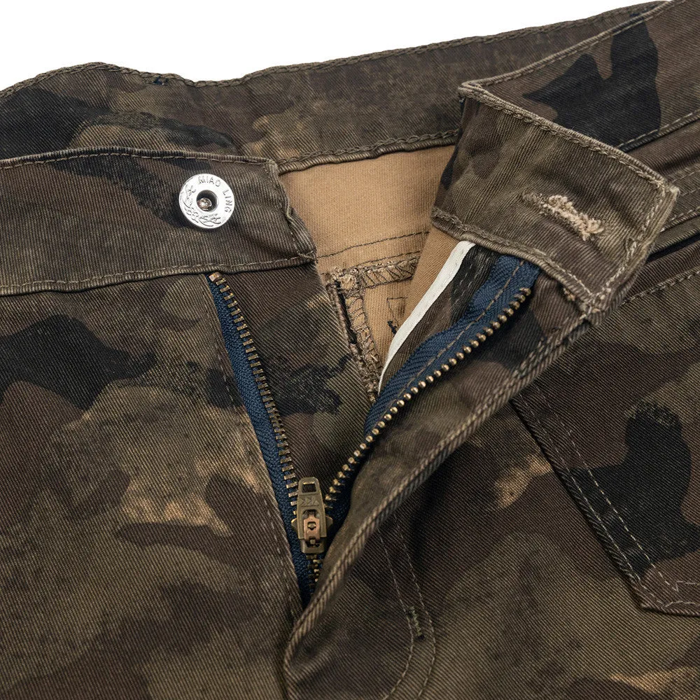 Men's camouflage denim trousers mid-waist casual work pants