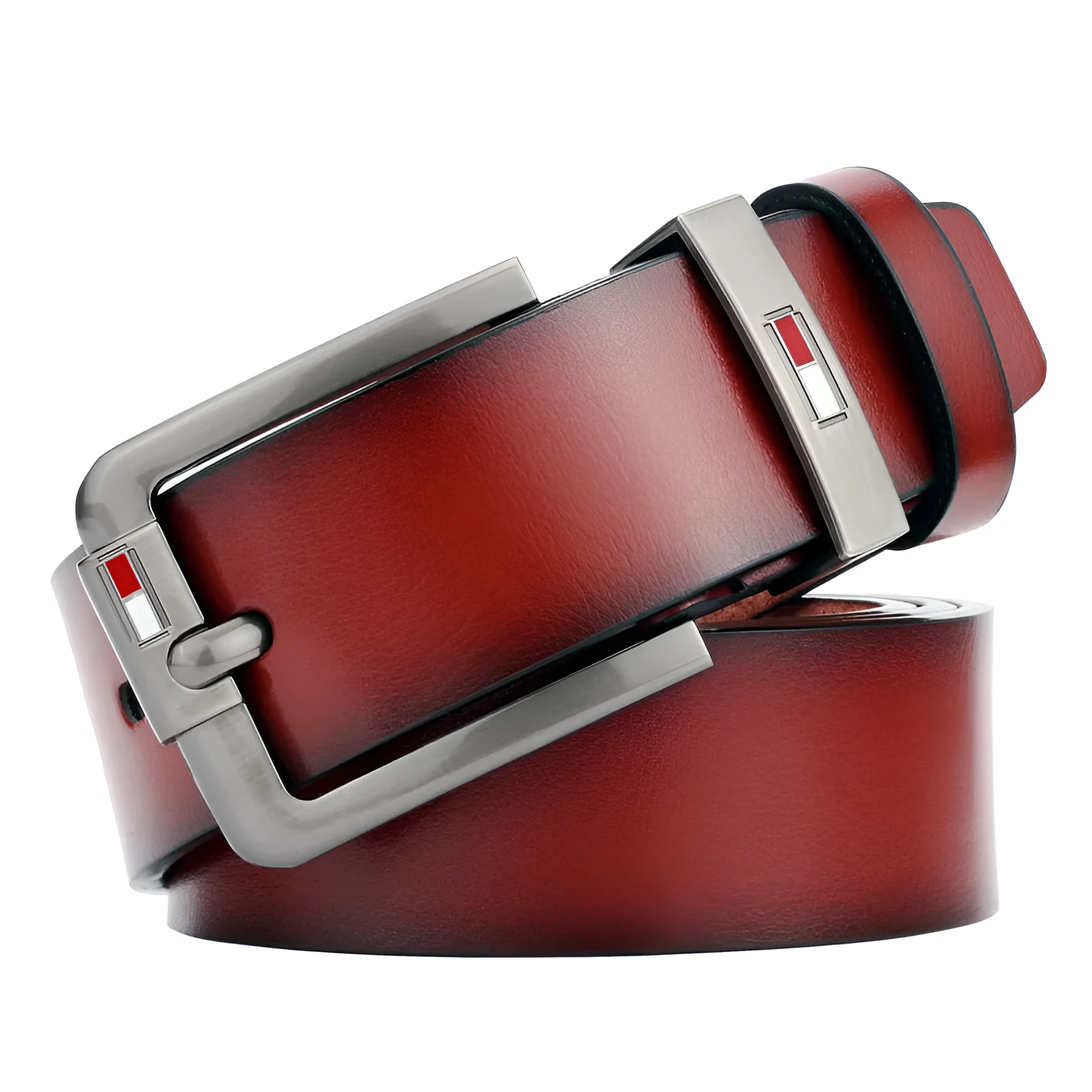 Men's retro pin buckle belt in imitation leather with alloy D buckle, black colour on plain background