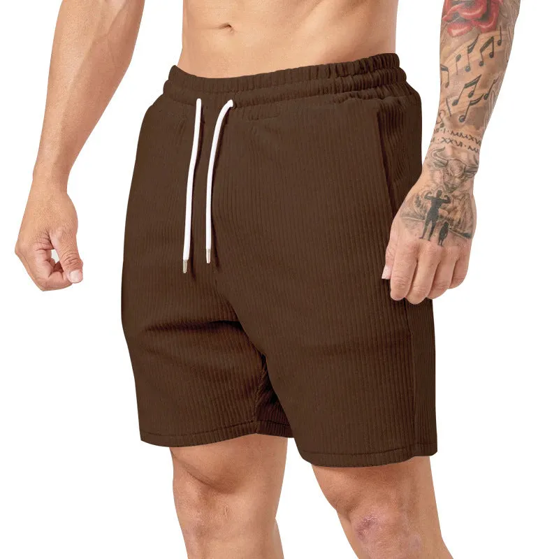 Men's casual straight-leg fifth-length shorts in chemical fibre blend, shown in five colour options: black, yellow, army green, apricot, brown