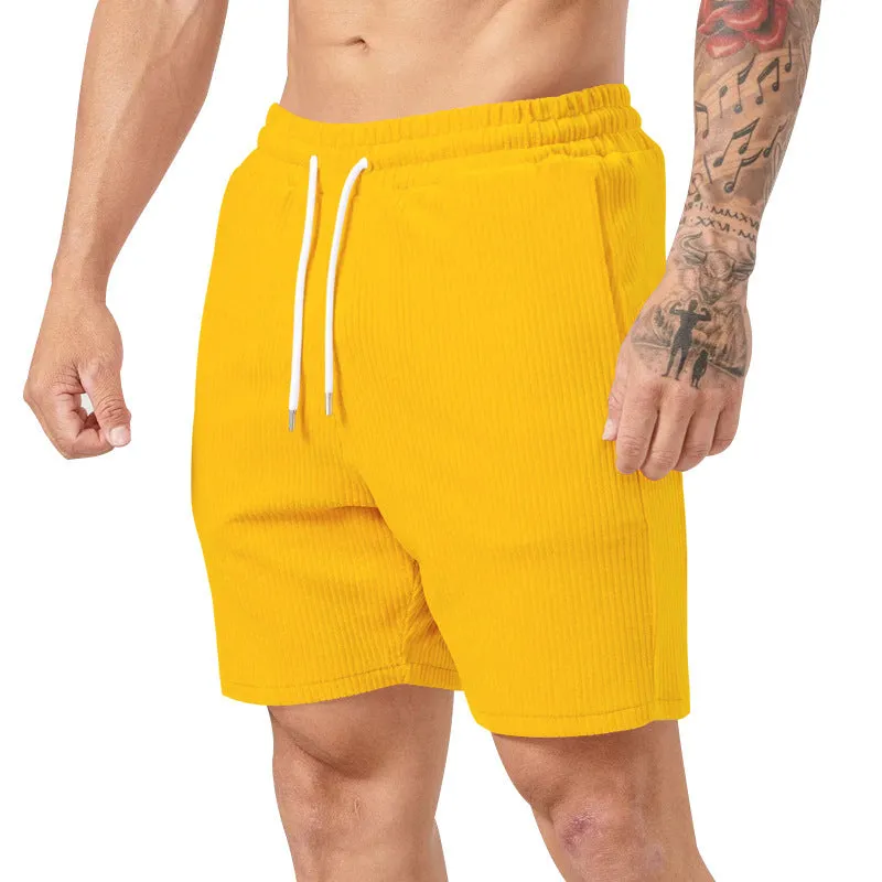 Men's casual straight-leg fifth-length shorts in chemical fibre blend, shown in five colour options: black, yellow, army green, apricot, brown