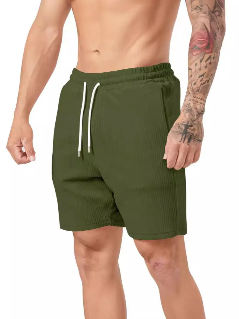 Men's casual straight-leg fifth-length shorts in chemical fibre blend, shown in five colour options: black, yellow, army green, apricot, brown