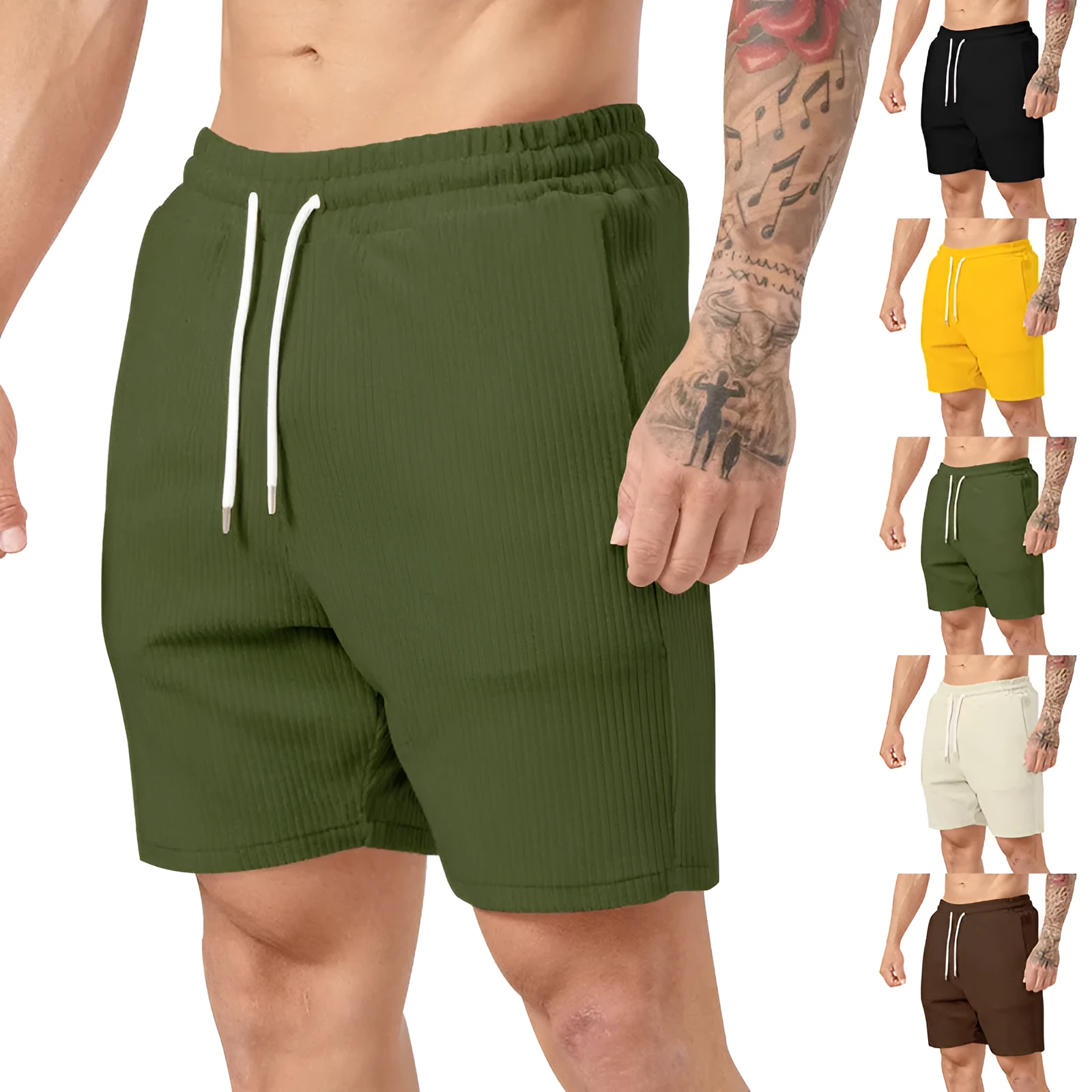 Men's casual straight-leg fifth-length shorts in chemical fibre blend, shown in five colour options: black, yellow, army green, apricot, brown