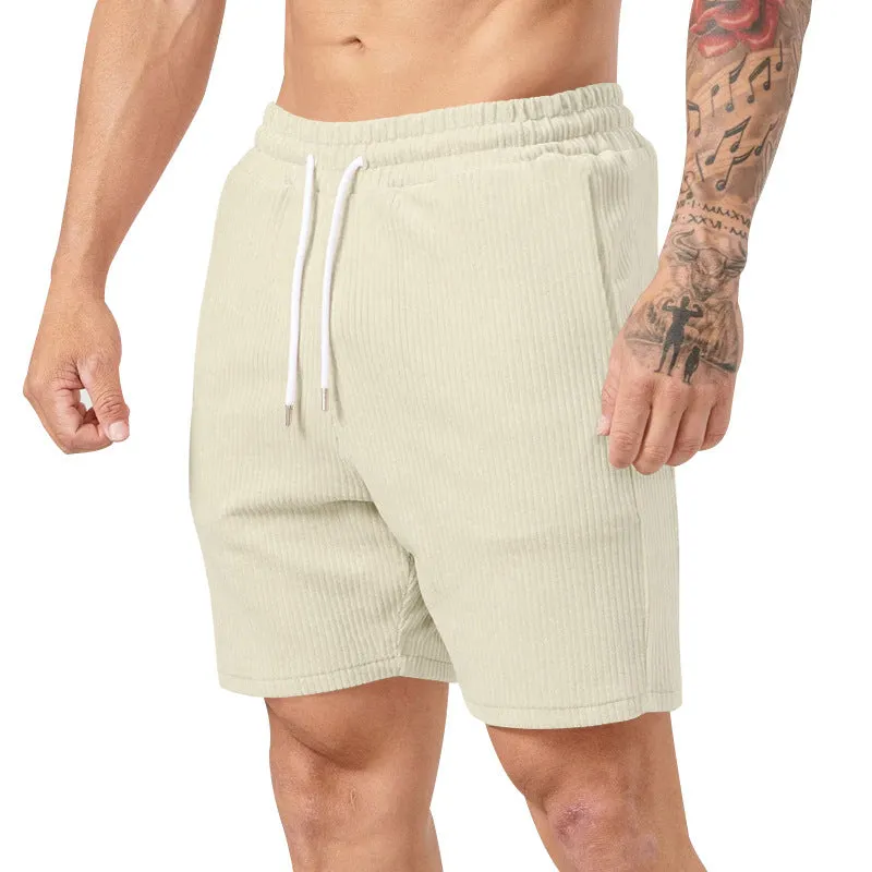 Men's casual straight-leg fifth-length shorts in chemical fibre blend, shown in five colour options: black, yellow, army green, apricot, brown
