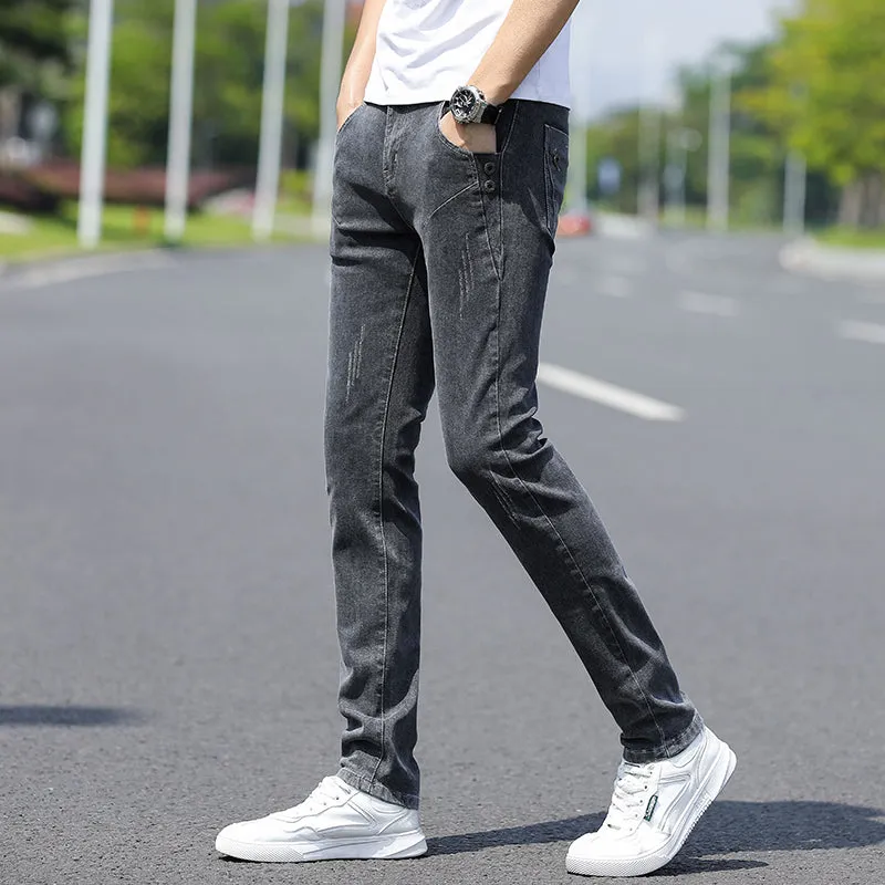 Men's stretch slim fit skinny pants in tapered leg style, spring trousers in blue with zipper fly