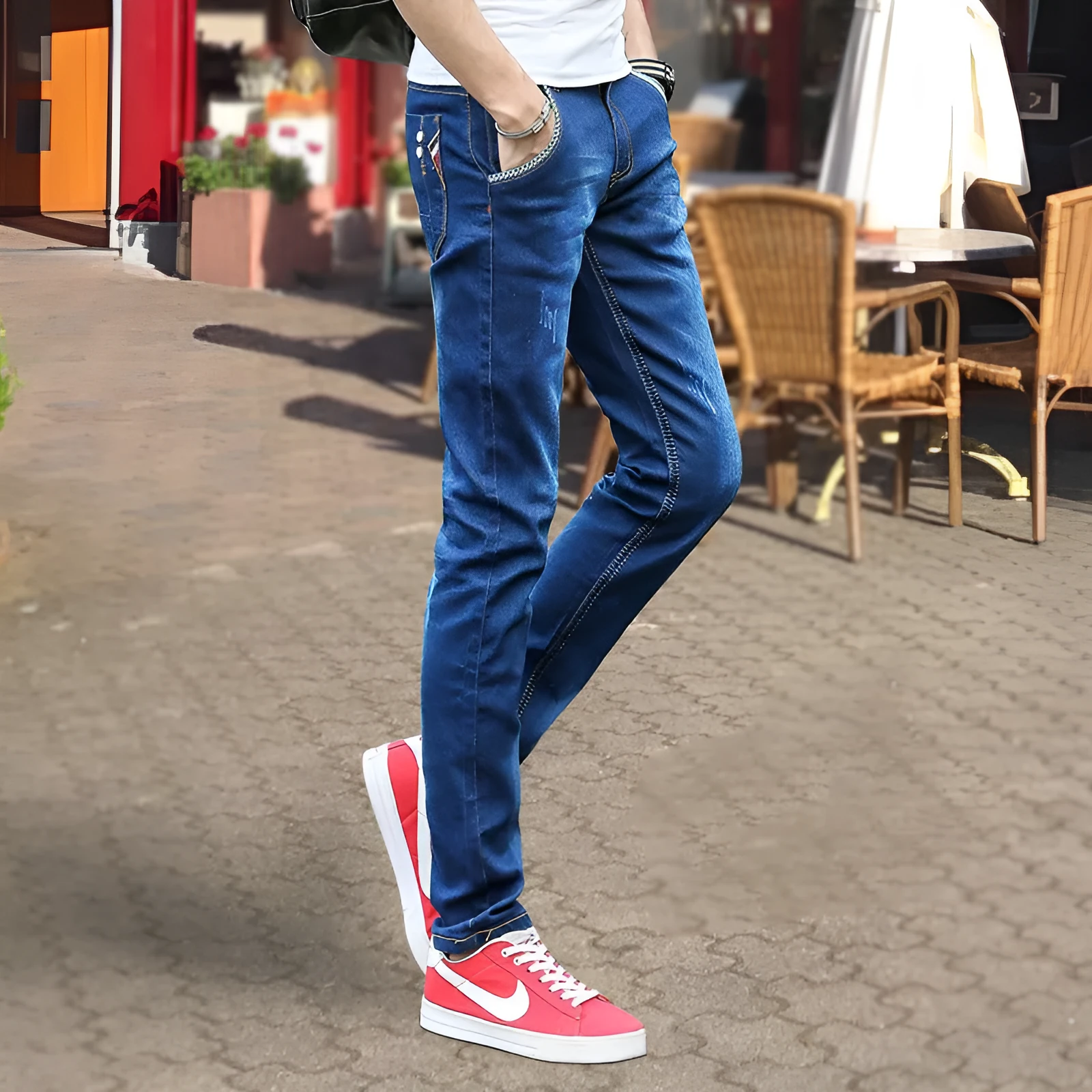 Men's stretch slim fit skinny pants in tapered leg style, spring trousers in blue with zipper fly