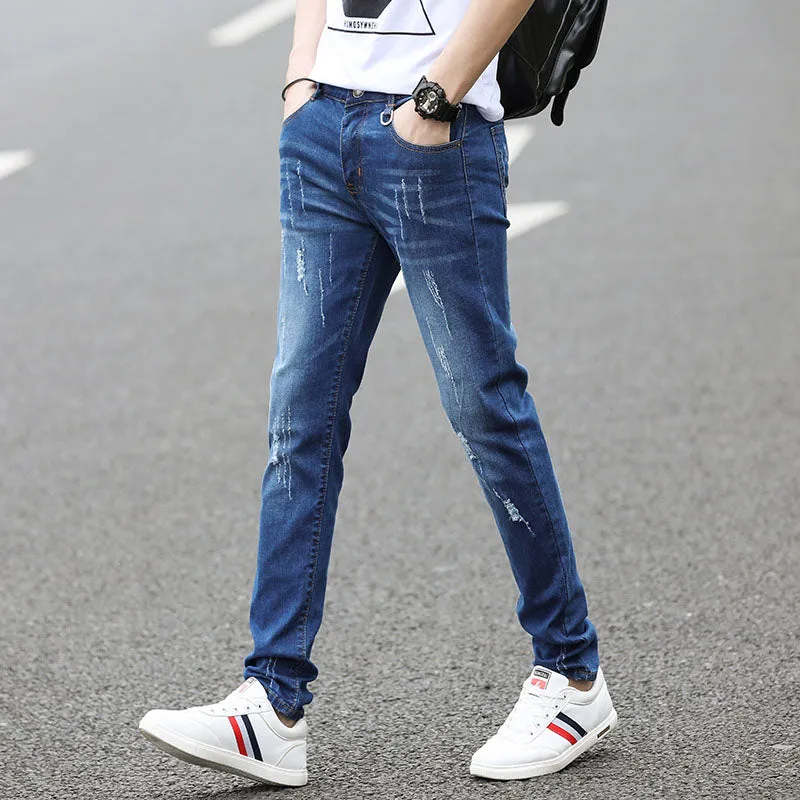 Men's stretch slim fit skinny pants in tapered leg style, spring trousers in blue with zipper fly