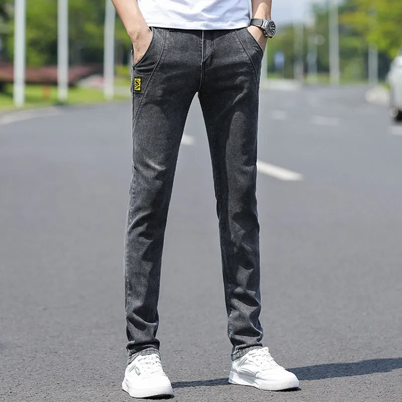 Men's stretch slim fit skinny pants in tapered leg style, spring trousers in blue with zipper fly