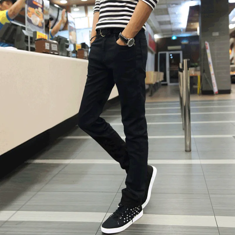 Men's stretch slim fit skinny pants in tapered leg style, spring trousers in blue with zipper fly