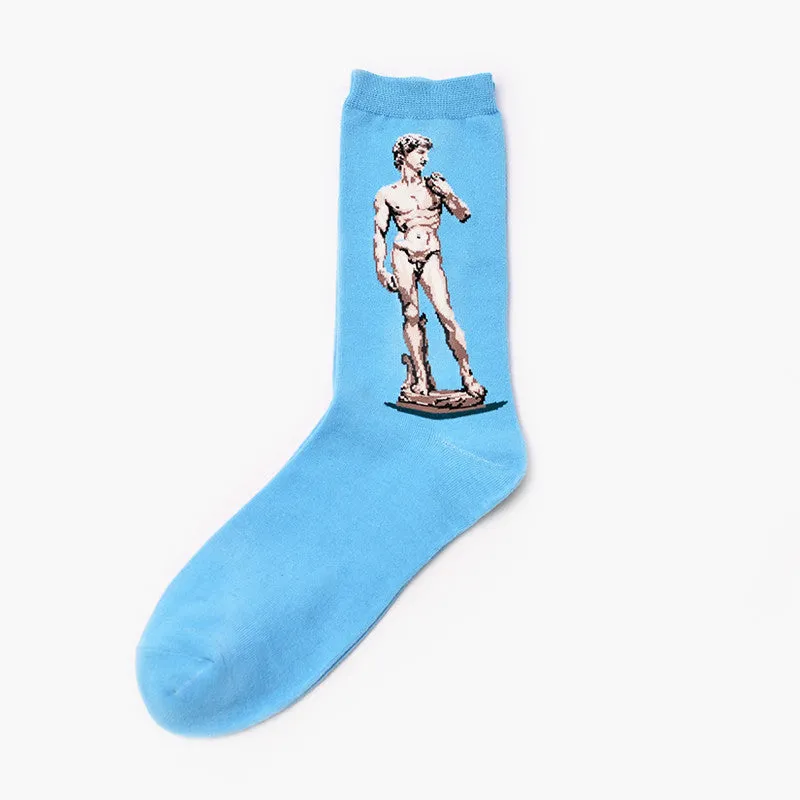 Men's cotton mid-calf socks with retro oil painting art print, free size 39-44, shown on plain background