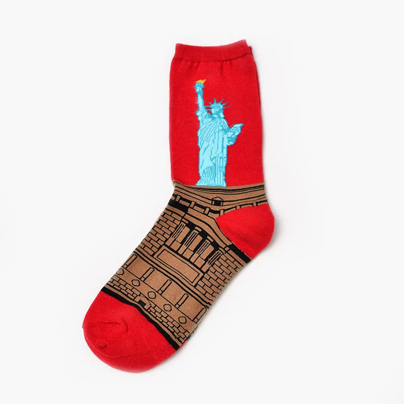 Men's cotton mid-calf socks with retro oil painting art print, free size 39-44, shown on plain background