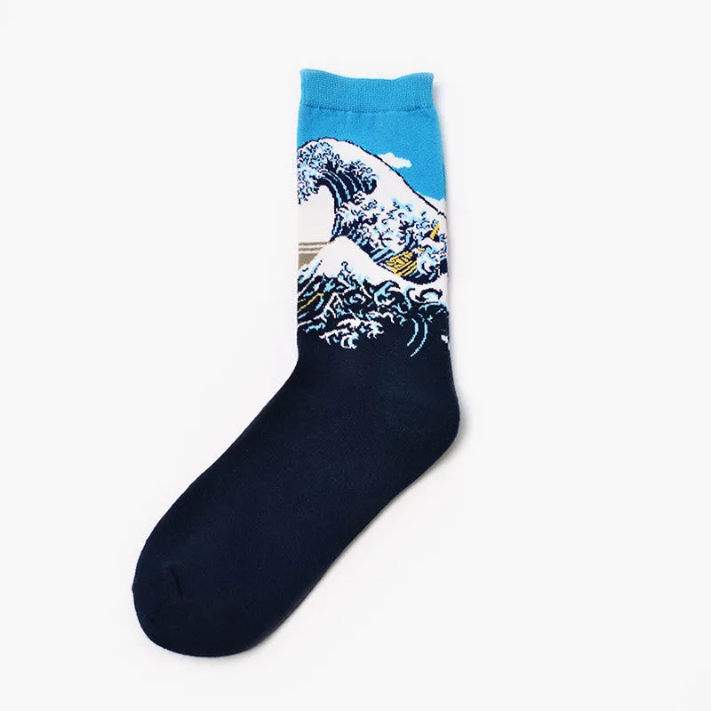 Men's cotton mid-calf socks with retro oil painting art print, free size 39-44, shown on plain background