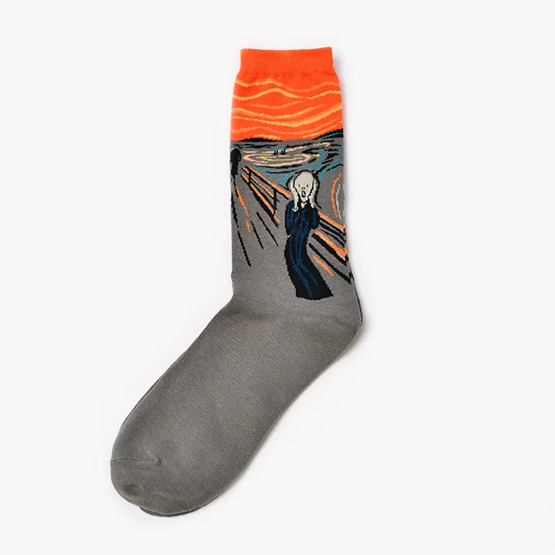 Men's cotton mid-calf socks with retro oil painting art print, free size 39-44, shown on plain background