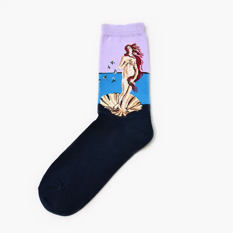 Men's cotton mid-calf socks with retro oil painting art print, free size 39-44, shown on plain background