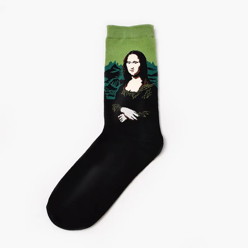 Men's cotton mid-calf socks with retro oil painting art print, free size 39-44, shown on plain background