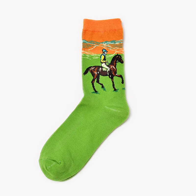 Men's cotton mid-calf socks with retro oil painting art print, free size 39-44, shown on plain background
