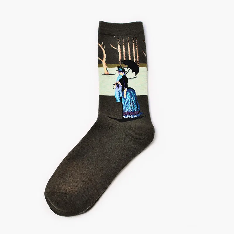Men's cotton mid-calf socks with retro oil painting art print, free size 39-44, shown on plain background
