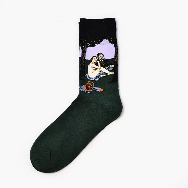 Men's cotton mid-calf socks with retro oil painting art print, free size 39-44, shown on plain background