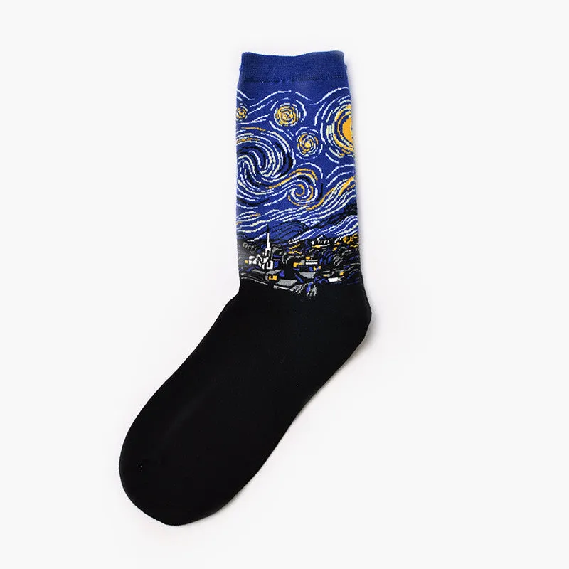 Men's cotton mid-calf socks with retro oil painting art print, free size 39-44, shown on plain background