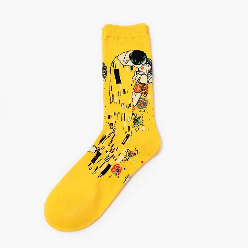 Men's cotton mid-calf socks with retro oil painting art print, free size 39-44, shown on plain background