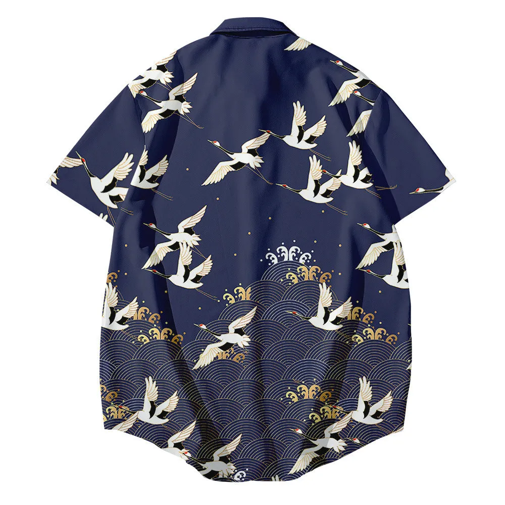 Bebovizix Japanese kimono jacket with crane print on black, loose unisex cardigan style, short sleeves, polyester fabric