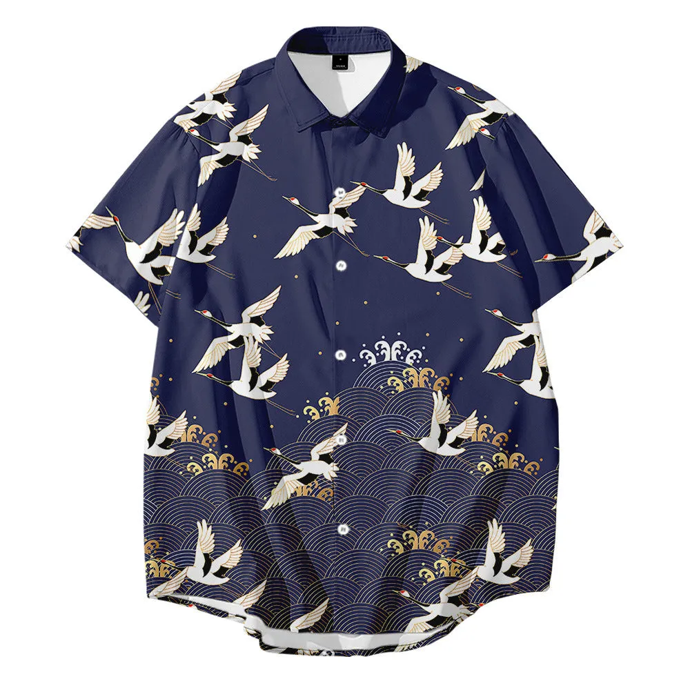 Bebovizix Japanese kimono jacket with crane print on black, loose unisex cardigan style, short sleeves, polyester fabric