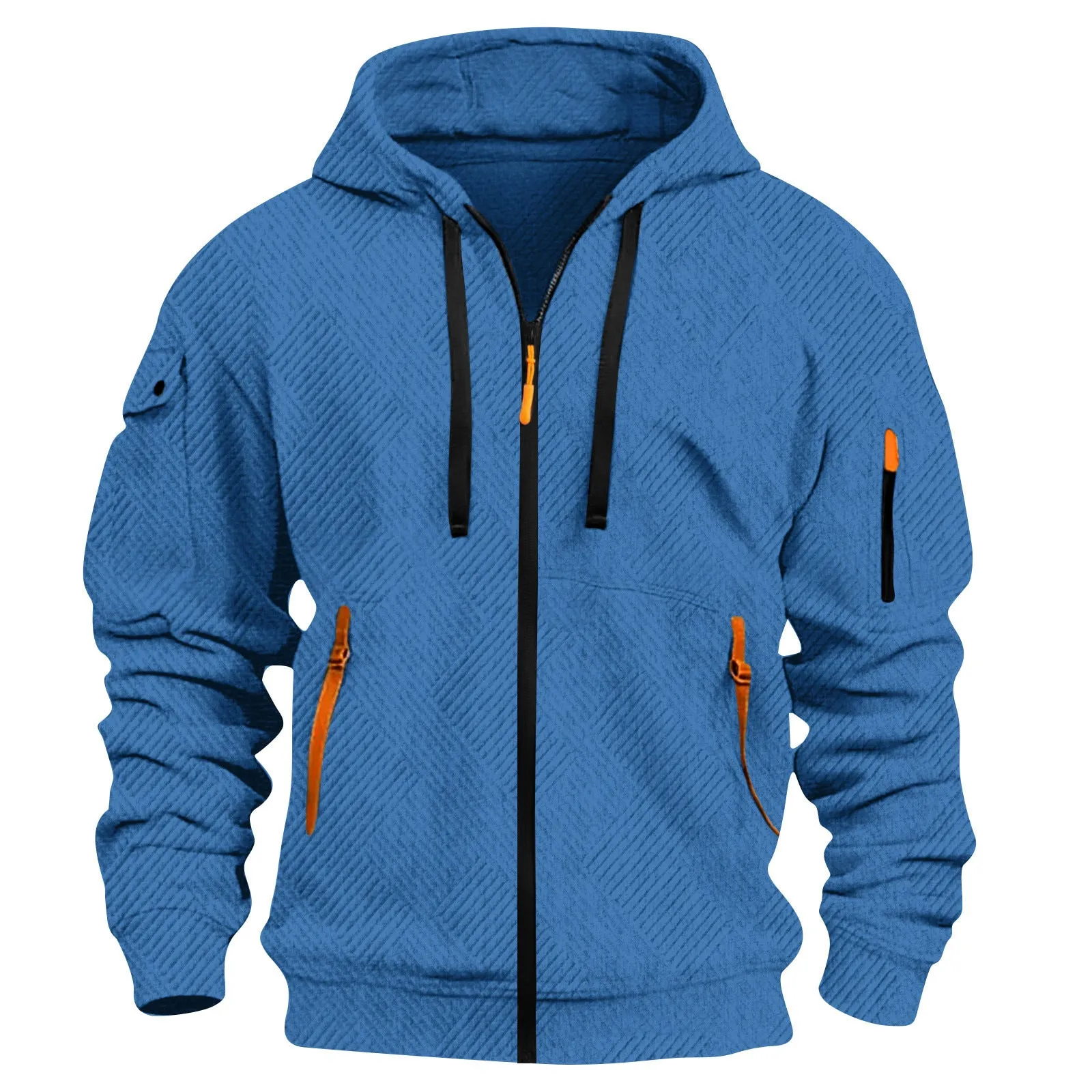 Mens casual hoodie with 3D patch pocket in solid colour, cotton blend fabric, cuff sleeves, unlined, available in six colours