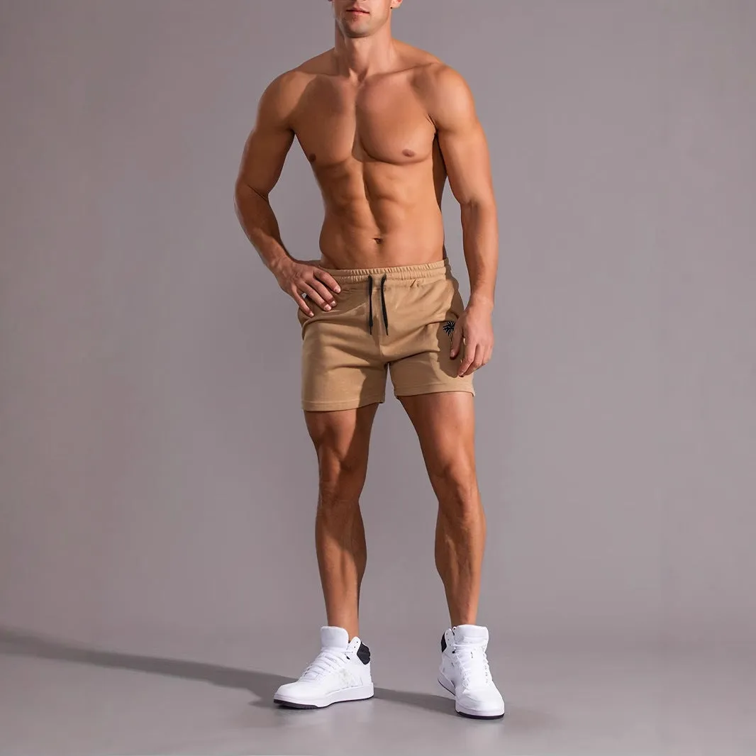 Men's khaki coconut print sports shorts with elastic waistband