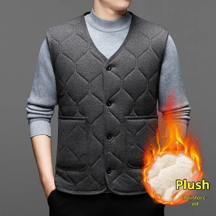 Men's fleece-lined thick cotton vest cardigan in solid colour, no hood, black or gray, sizes M to 4XL