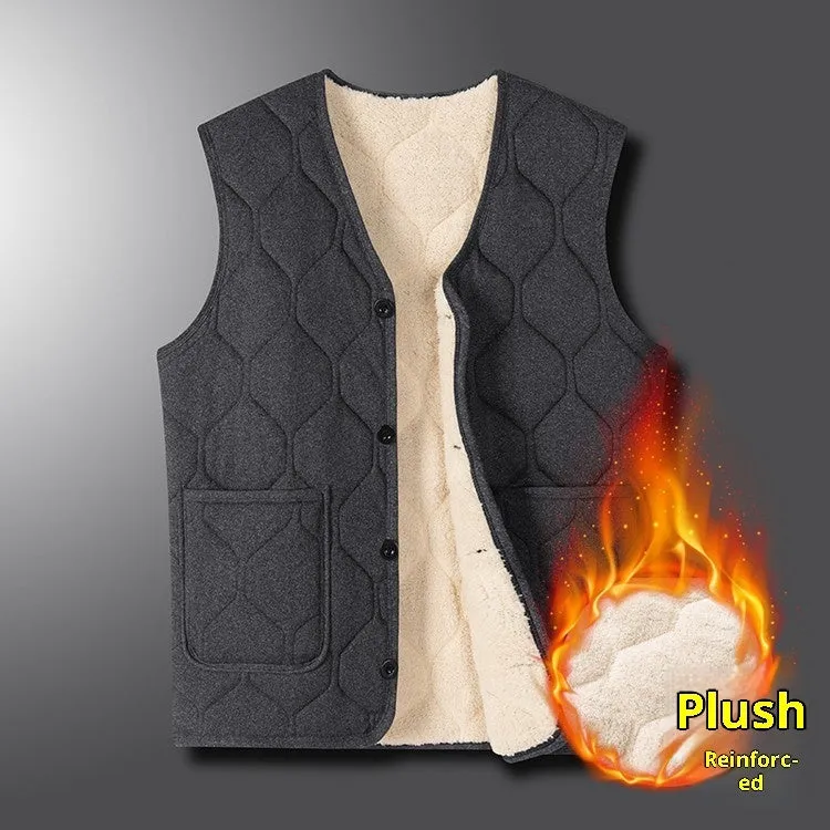 Men's fleece-lined thick cotton vest cardigan in solid colour, no hood, black or gray, sizes M to 4XL
