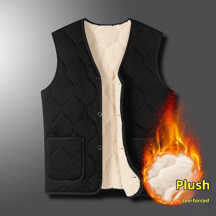 Men's fleece-lined thick cotton vest cardigan in solid colour, no hood, black or gray, sizes M to 4XL