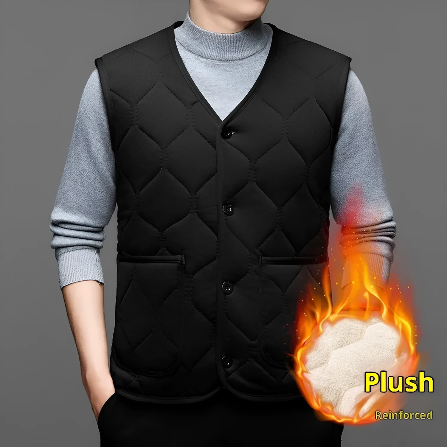 Men's fleece-lined thick cotton vest cardigan in solid colour, no hood, black or gray, sizes M to 4XL