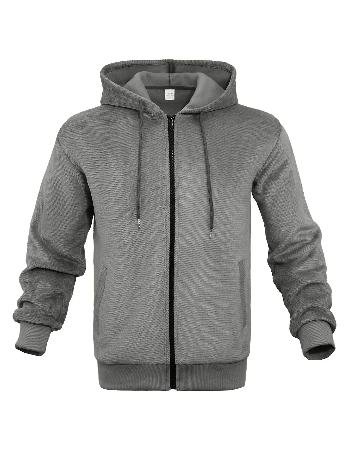 Men's fashion casual zippered hooded sweatshirt in gray, thickened fleece lining, full-zip cardigan style