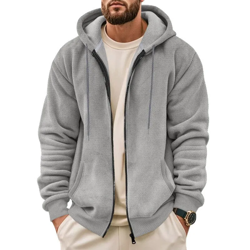 Men's fashion casual zippered hooded sweatshirt in gray, thickened fleece lining, full-zip cardigan style