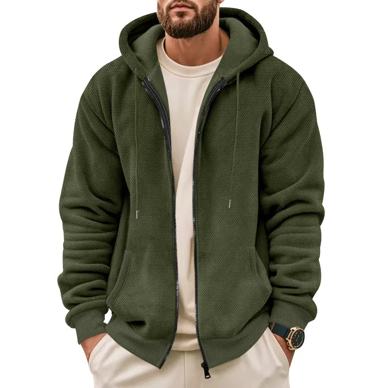 Men's fashion casual zippered hooded sweatshirt in gray, thickened fleece lining, full-zip cardigan style