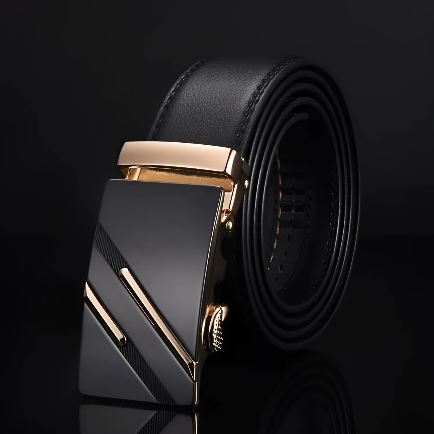 Men's two-layer cowhide belt with gold alloy automatic buckle on a flat surface