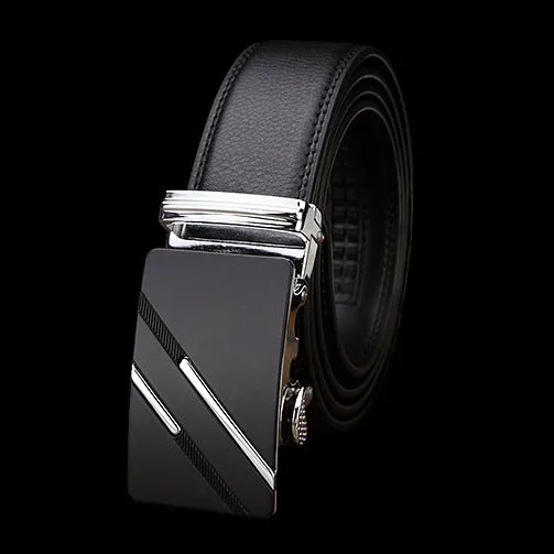 Men's two-layer cowhide belt with gold alloy automatic buckle on a flat surface