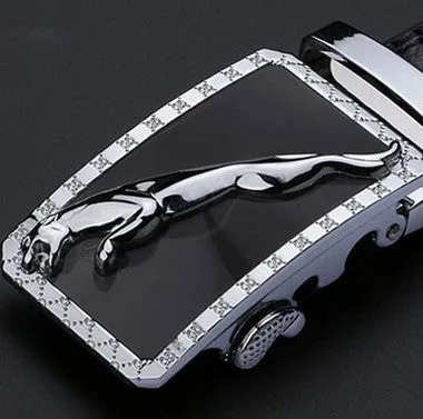 Men's two-layer cowhide belt with gold alloy automatic buckle on a flat surface