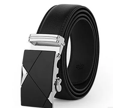 Men's two-layer cowhide belt with gold alloy automatic buckle on a flat surface