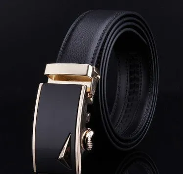 Men's two-layer cowhide belt with gold alloy automatic buckle on a flat surface