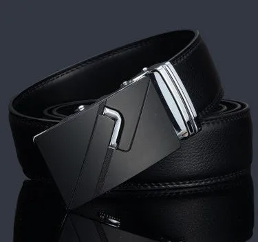 Men's two-layer cowhide belt with gold alloy automatic buckle on a flat surface
