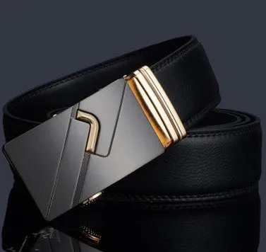 Men's two-layer cowhide belt with gold alloy automatic buckle on a flat surface