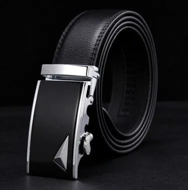 Men's two-layer cowhide belt with gold alloy automatic buckle on a flat surface