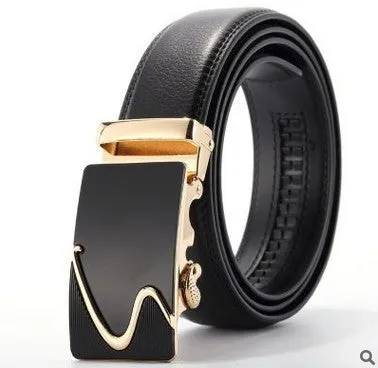 Men's two-layer cowhide belt with gold alloy automatic buckle on a flat surface