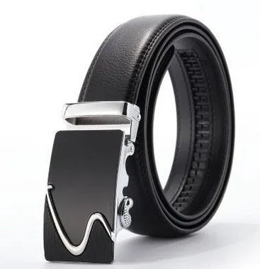 Men's two-layer cowhide belt with gold alloy automatic buckle on a flat surface