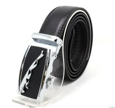 Men's two-layer cowhide belt with gold alloy automatic buckle on a flat surface