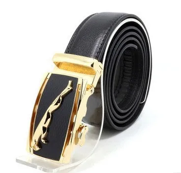 Men's two-layer cowhide belt with gold alloy automatic buckle on a flat surface