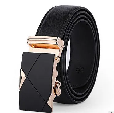 Men's two-layer cowhide belt with gold alloy automatic buckle on a flat surface