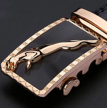 Men's two-layer cowhide belt with gold alloy automatic buckle on a flat surface