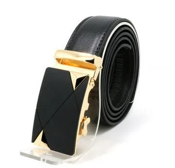 Men's two-layer cowhide belt with gold alloy automatic buckle on a flat surface